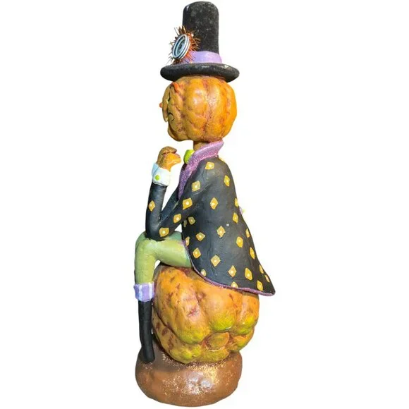 Folk Art Pumpkin Figurine Halloween Flocked Hat Whimsical Suit 12.5" tall x 6" d - Picture 10 of 16